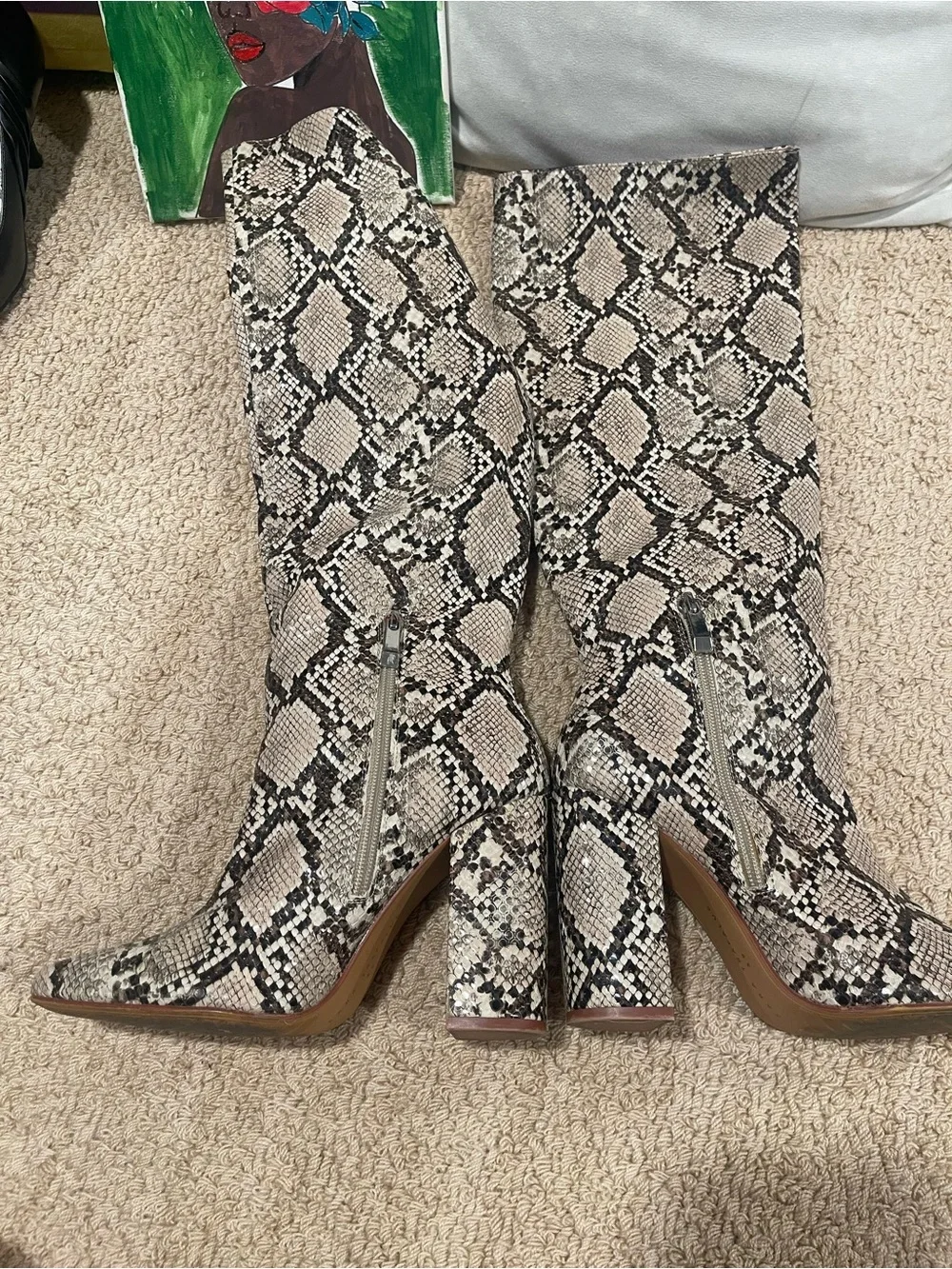 Zara Snake Print Knee-High Block Heel Boots - Neutral